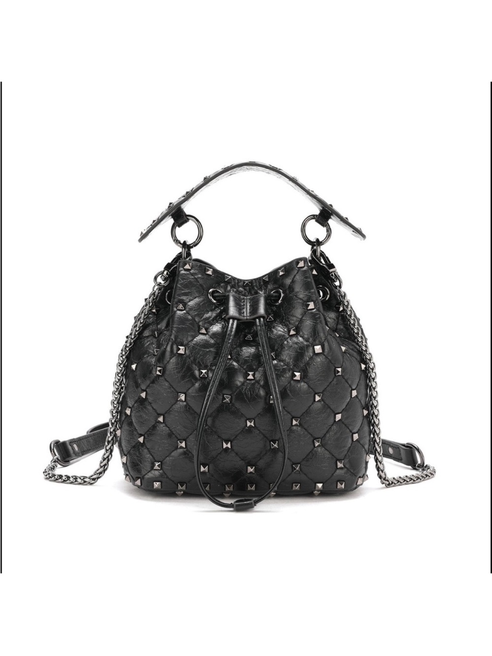 Studded Quilted Drawstring Bucket Bag - Black Genuine leather